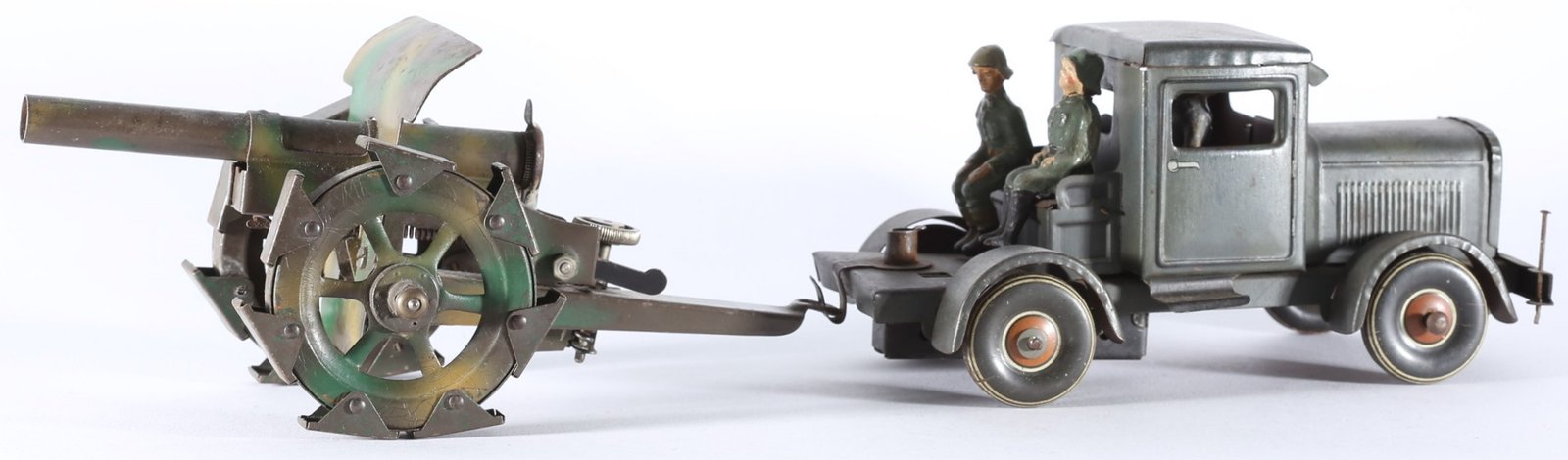 kallistoys auctions auktionen-antique vintage toys-antik historisch spielzeug-tippco-tco-germany-tinplate-blech-military-armee-truck cannon-schlepper kanone-tarnfarben-170 71-1f