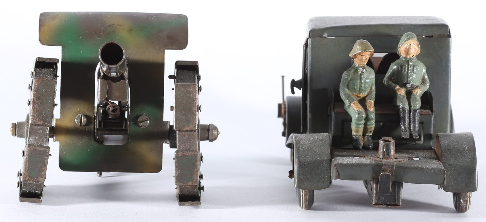 kallistoys auctions auktionen-antique vintage toys-antik historisch spielzeug-tippco-tco-germany-tinplate-blech-military-armee-truck cannon-schlepper kanone-tarnfarben-170 71-1g