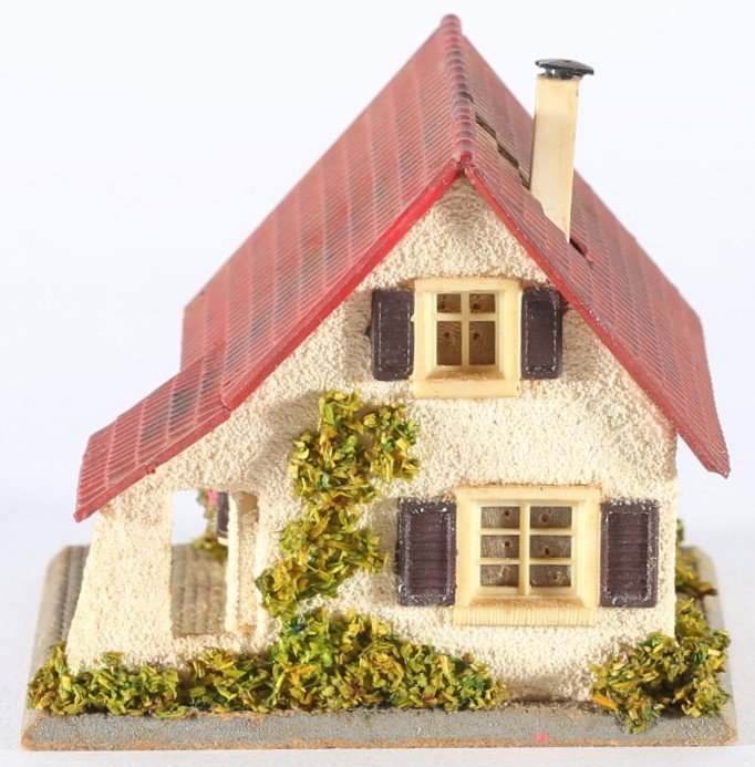 kallistoys auctions auktionen-antique vintage toys-antik historisch spielzeug-faller-germany-wood house-holzhaus-small family home-siedlerhaus-gezackte briefmarke-braune nummer-206-1h