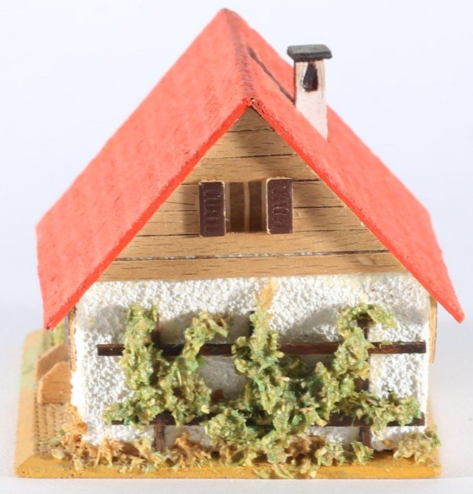 kallistoys auctions auktionen-antique vintage toys-antik historisch spielzeug-faller-germany-wood house-holzhaus-small family home-siedlerhaus-lattenverschalung-gezackte briefmarke-blaue nr-249-1h