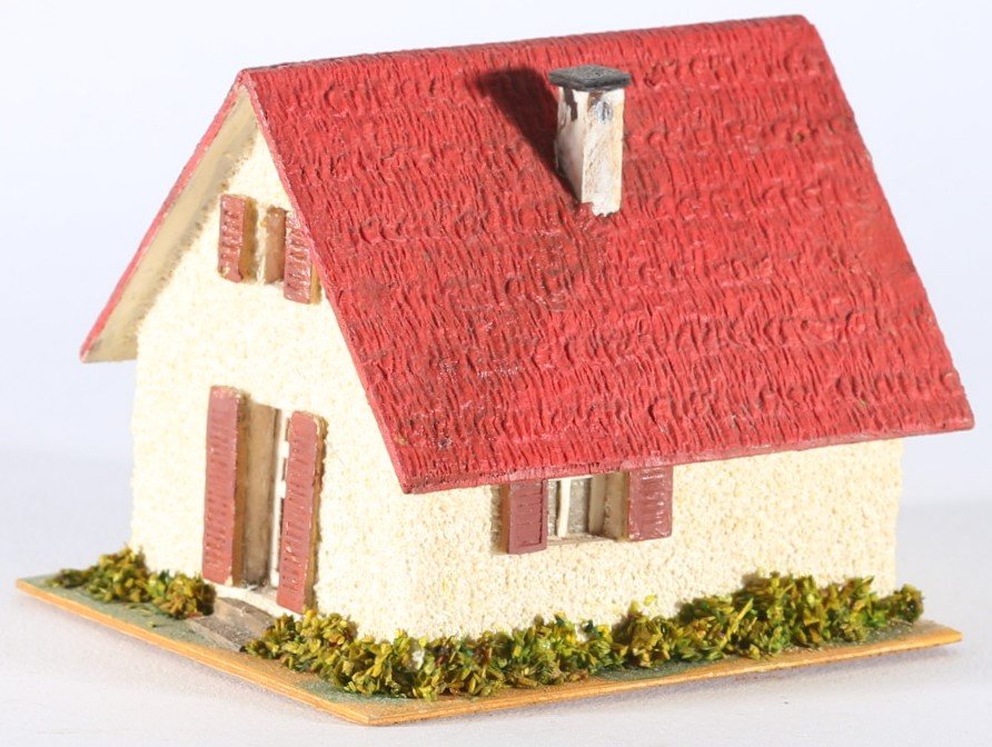 kallistoys auctions auktionen-antique vintage toys-antik historisch spielzeug-faller-germany-wood house-holzhaus-small family home-siedlerhaus-ohne briefmarke-248-1g
