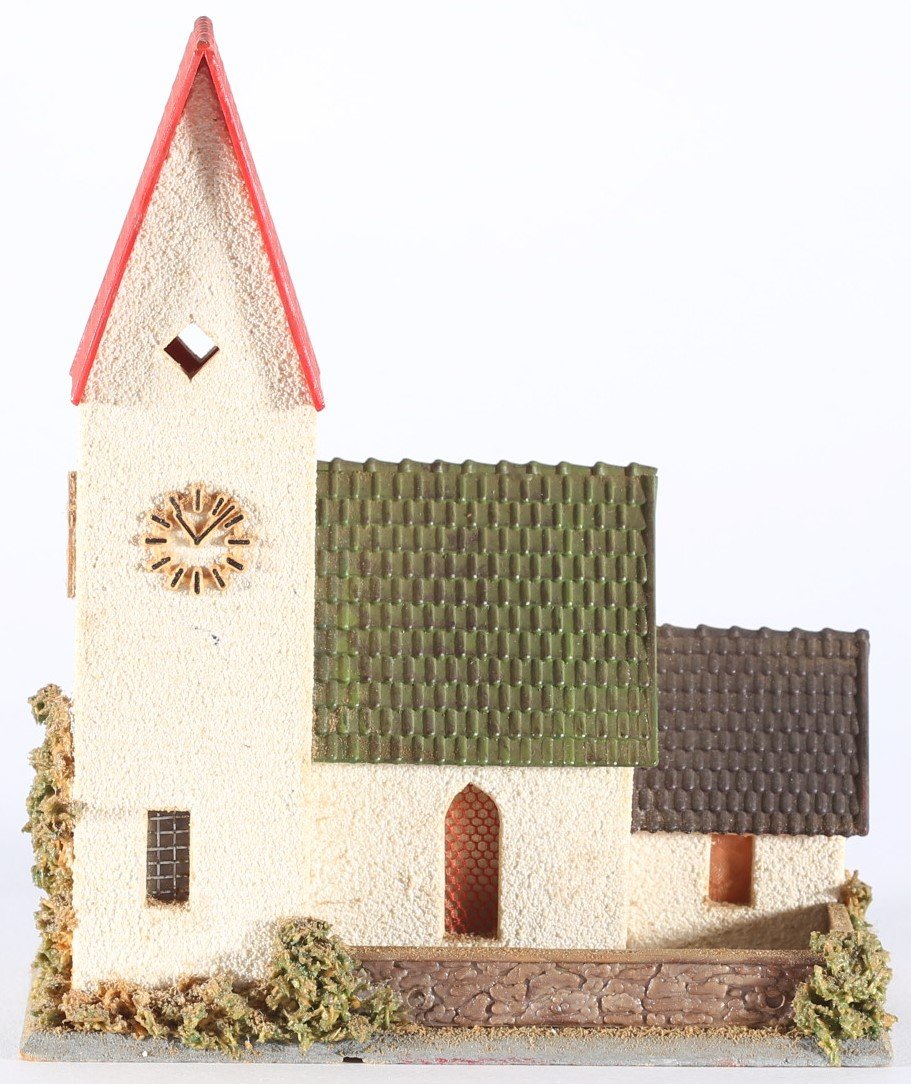kallistoys auctions auktionen-antique vintage toys-antik historisch spielzeug-faller-germany-wood house-holzhaus-village church-dorfkirche-gezackte briefmarke-braune nummer-236-1c