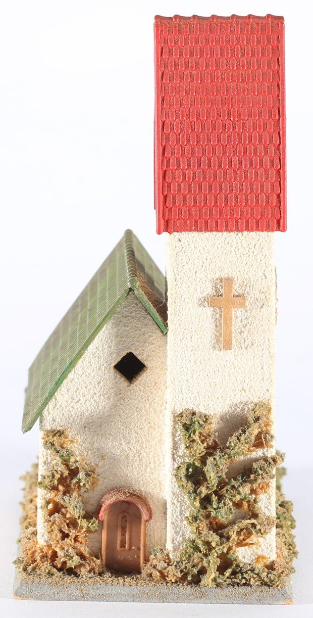 kallistoys auctions auktionen-antique vintage toys-antik historisch spielzeug-faller-germany-wood house-holzhaus-village church-dorfkirche-gezackte briefmarke-braune nummer-236-1d