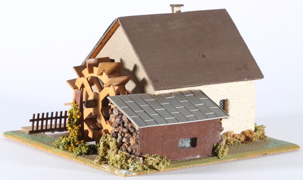 kallistoys auctions auktionen-antique vintage toys-antik historisch spielzeug-faller-germany-wood house-holzhaus-watermill-wassermühle ohne motor-gezackte briefmarke-rote nummer-232-1a