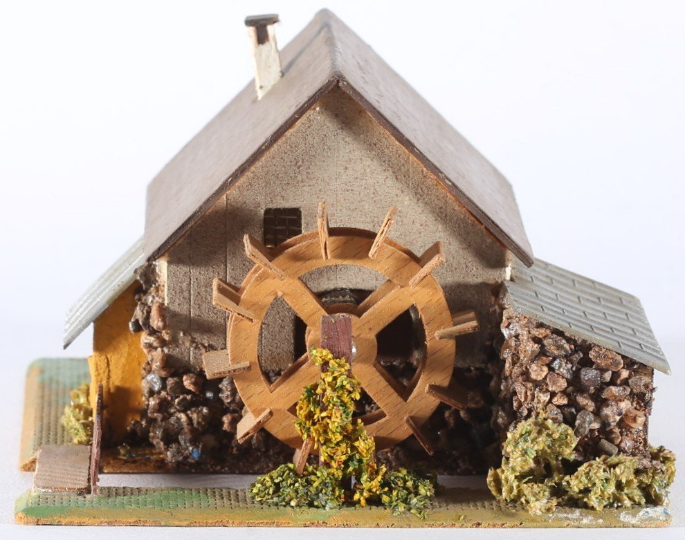 kallistoys auctions auktionen-antique vintage toys-antik historisch spielzeug-faller-germany-wood house-holzhaus-watermill-wassermühle ohne motor-gezackte briefmarke-rote nummer-232-1d
