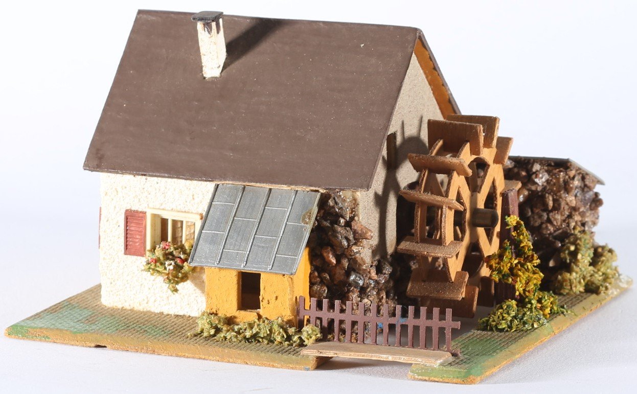 kallistoys auctions auktionen-antique vintage toys-antik historisch spielzeug-faller-germany-wood house-holzhaus-watermill-wassermühle ohne motor-gezackte briefmarke-rote nummer-232-1e