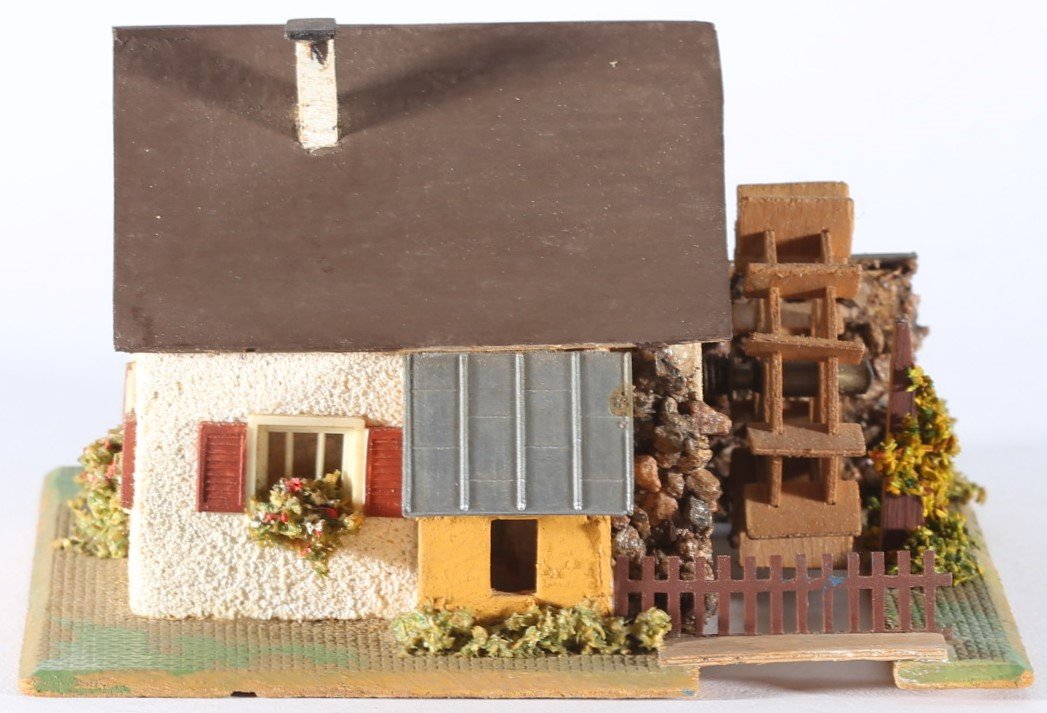 kallistoys auctions auktionen-antique vintage toys-antik historisch spielzeug-faller-germany-wood house-holzhaus-watermill-wassermühle ohne motor-gezackte briefmarke-rote nummer-232-1f