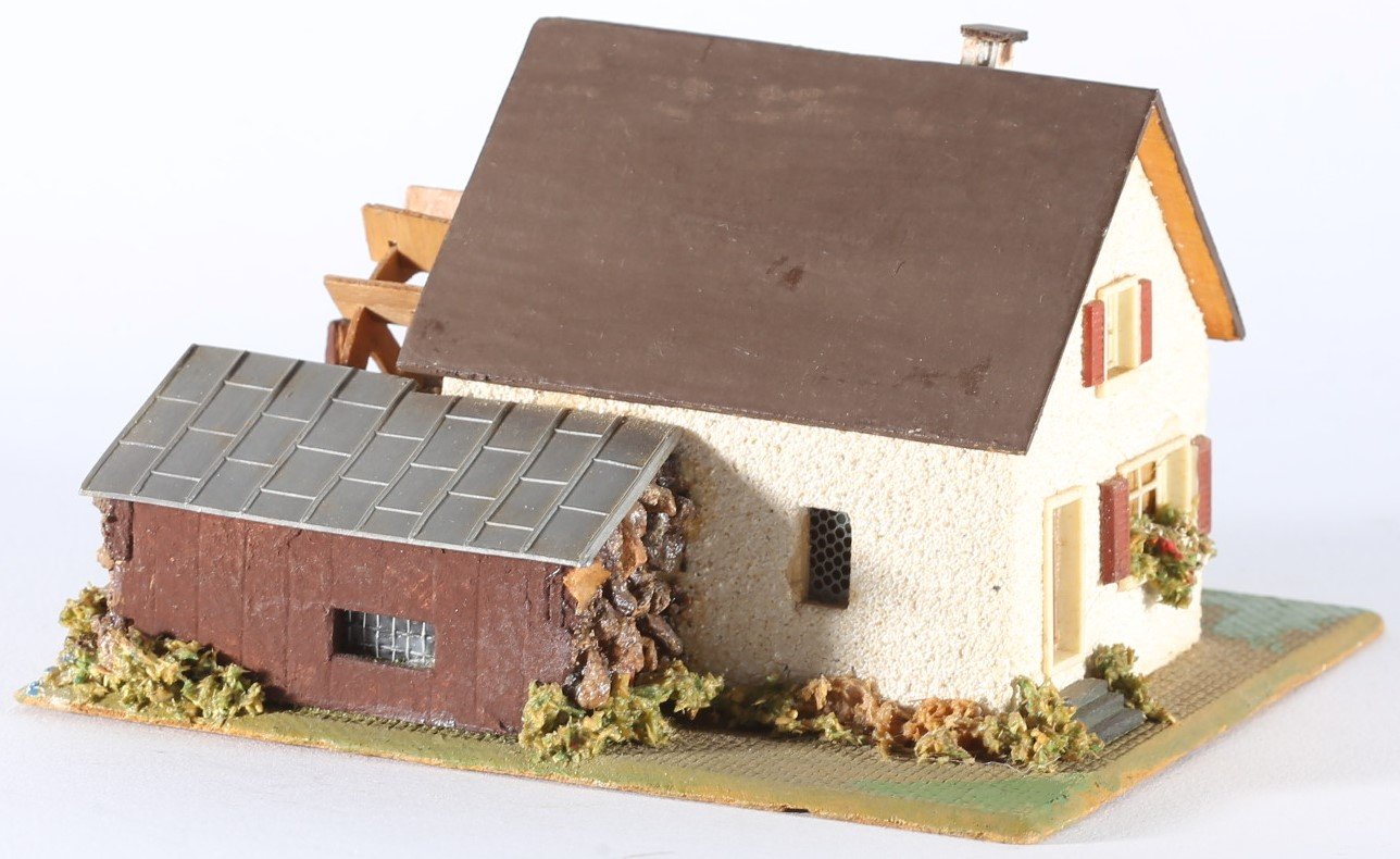 kallistoys auctions auktionen-antique vintage toys-antik historisch spielzeug-faller-germany-wood house-holzhaus-watermill-wassermühle ohne motor-gezackte briefmarke-rote nummer-232-1i