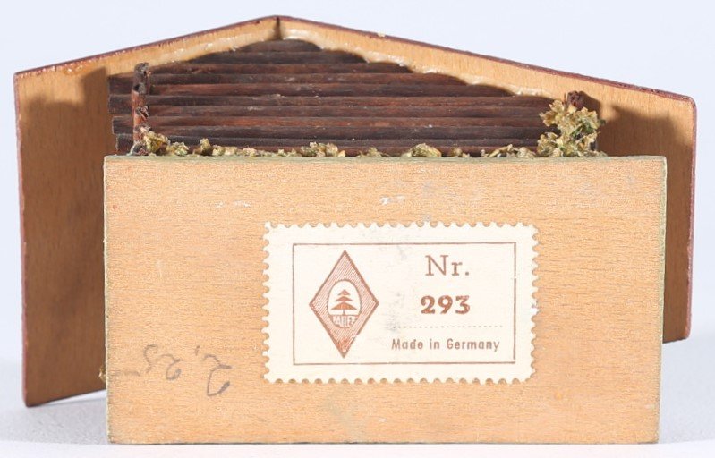 kallistoys auctions auktionen-antique vintage toys-antik historisch spielzeug-faller-germany-wood house-holzhaus-forest hut-waldhütte-gezackte briefmarke-braune nummer-293-1g