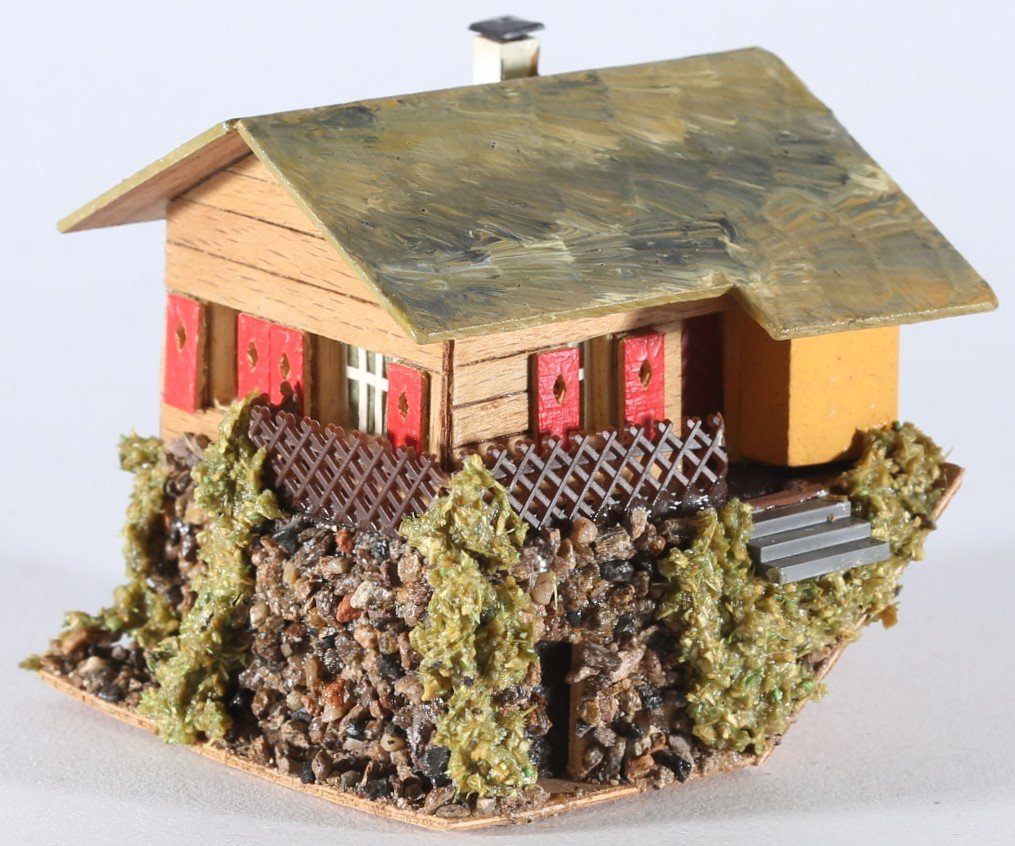 kallistoys auctions auktionen-antique vintage toys-antik historisch spielzeug-faller-germany-wood house-holzhaus-mountain house on hill-haus am hang-gezackte briefmarke-braune nummer-294-1a