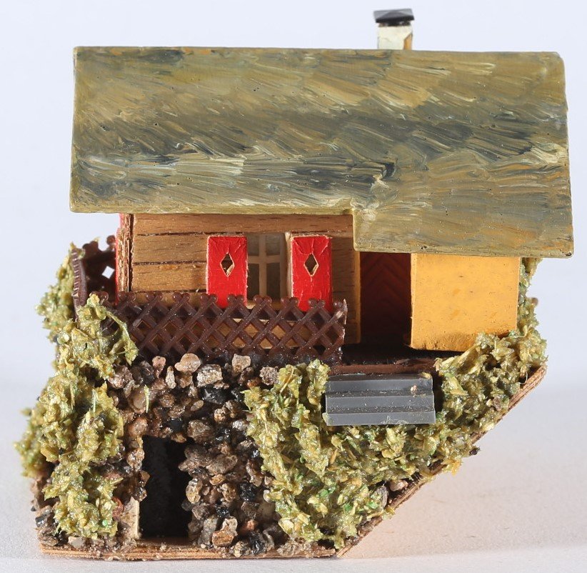 kallistoys auctions auktionen-antique vintage toys-antik historisch spielzeug-faller-germany-wood house-holzhaus-mountain house on hill-haus am hang-gezackte briefmarke-braune nummer-294-1c