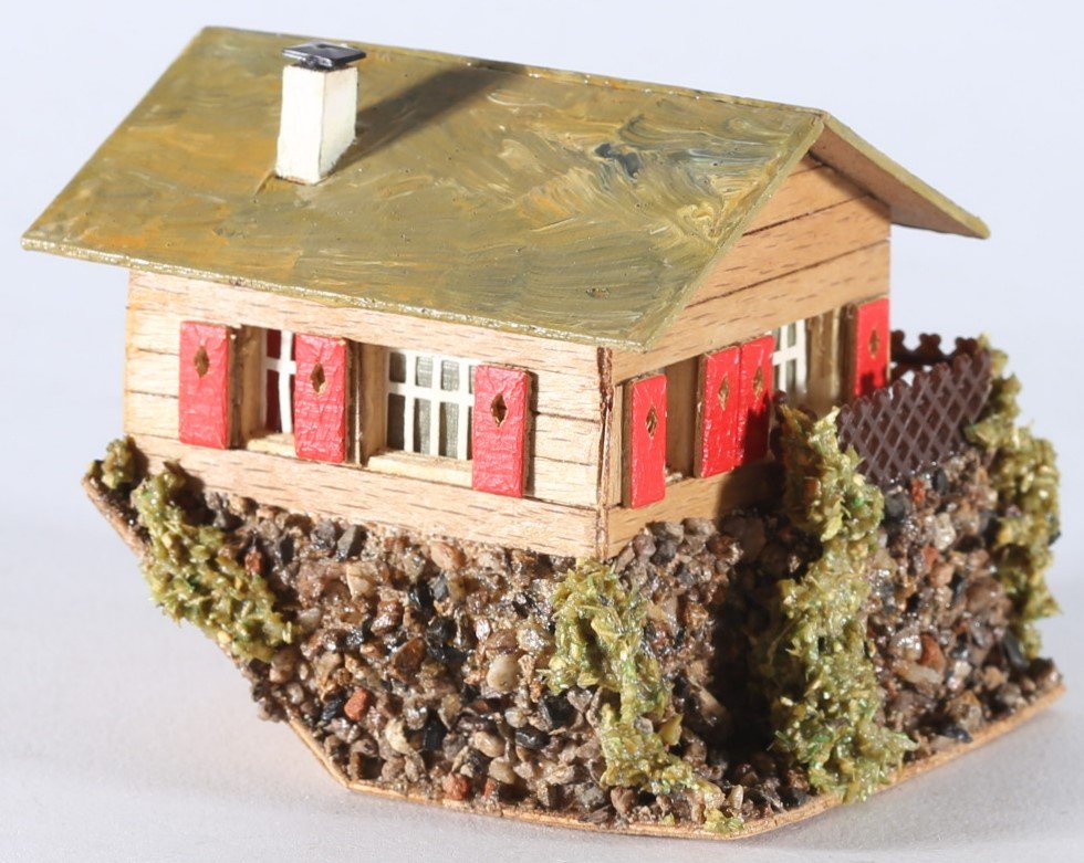 kallistoys auctions auktionen-antique vintage toys-antik historisch spielzeug-faller-germany-wood house-holzhaus-mountain house on hill-haus am hang-gezackte briefmarke-braune nummer-294-1e