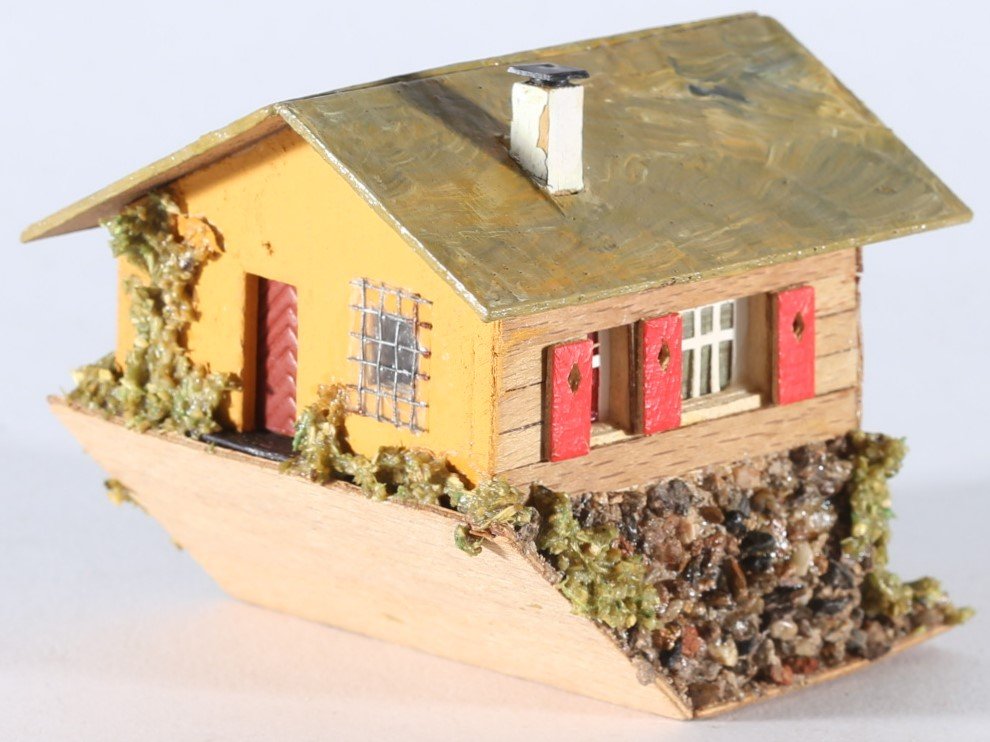 kallistoys auctions auktionen-antique vintage toys-antik historisch spielzeug-faller-germany-wood house-holzhaus-mountain house on hill-haus am hang-gezackte briefmarke-braune nummer-294-1g