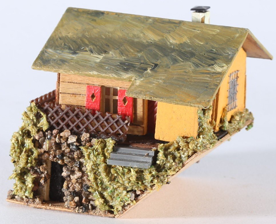 kallistoys auctions auktionen-antique vintage toys-antik historisch spielzeug-faller-germany-wood house-holzhaus-mountain house on hill-haus am hang-gezackte briefmarke-braune nummer-294-1i