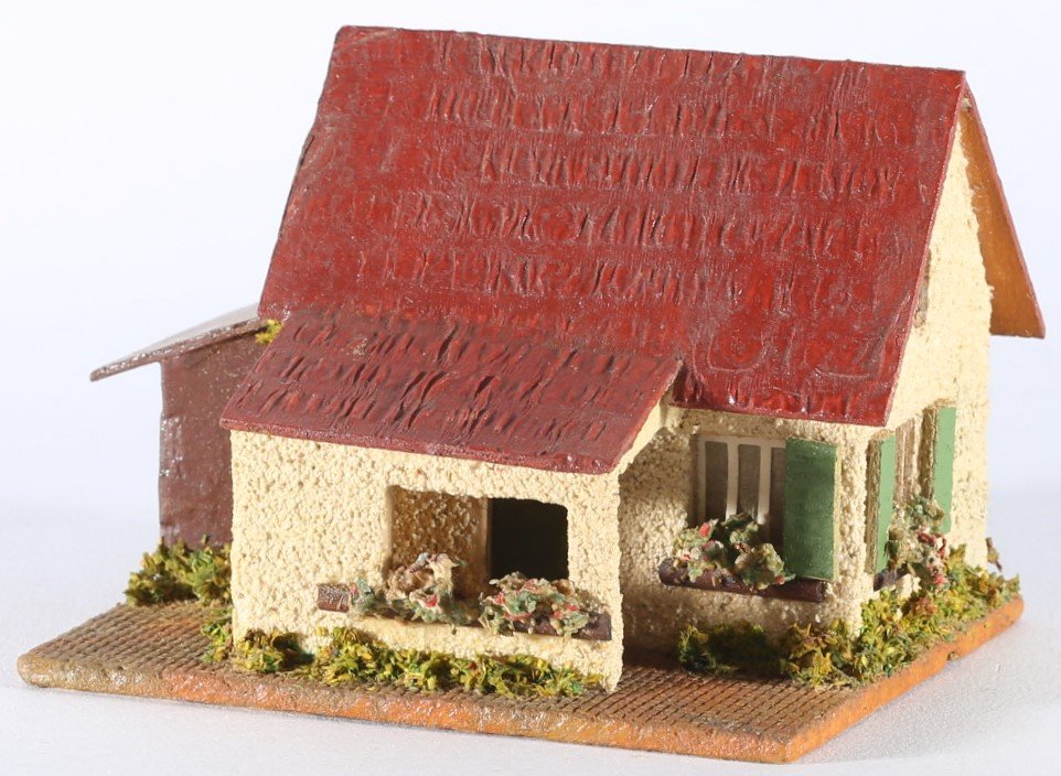 kallistoys auctions auktionen-antique vintage toys-antik historisch spielzeug-faller-germany-wood house-holzhaus-small family home annex-siedlerhaus anbau-gerade briefmarke-rote nummer-braun-252-1a