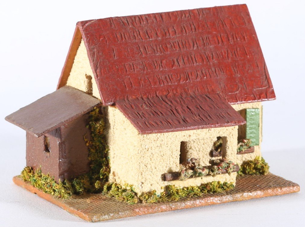 kallistoys auctions auktionen-antique vintage toys-antik historisch spielzeug-faller-germany-wood house-holzhaus-small family home annex-siedlerhaus anbau-gerade briefmarke-rote nummer-braun-252-1d