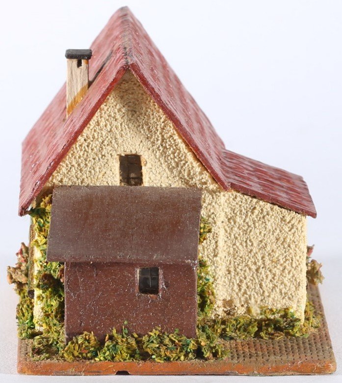kallistoys auctions auktionen-antique vintage toys-antik historisch spielzeug-faller-germany-wood house-holzhaus-small family home annex-siedlerhaus anbau-gerade briefmarke-rote nummer-braun-252-1e