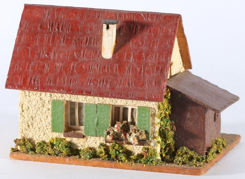 kallistoys auctions auktionen-antique vintage toys-antik historisch spielzeug-faller-germany-wood house-holzhaus-small family home annex-siedlerhaus anbau-gerade briefmarke-rote nummer-braun-252-1f