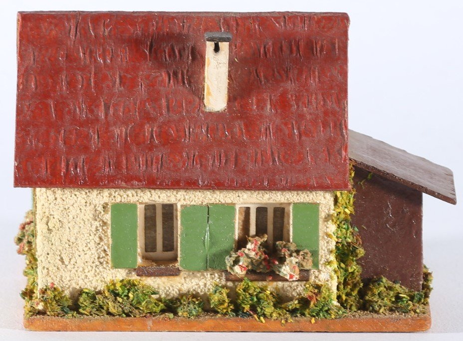kallistoys auctions auktionen-antique vintage toys-antik historisch spielzeug-faller-germany-wood house-holzhaus-small family home annex-siedlerhaus anbau-gerade briefmarke-rote nummer-braun-252-1g