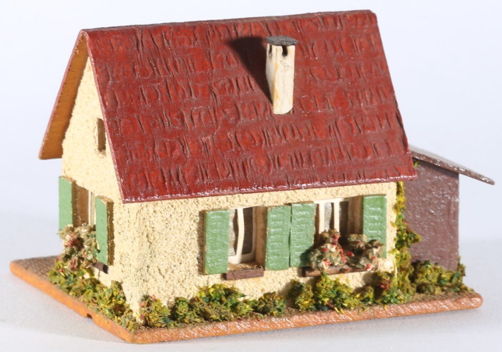 kallistoys auctions auktionen-antique vintage toys-antik historisch spielzeug-faller-germany-wood house-holzhaus-small family home annex-siedlerhaus anbau-gerade briefmarke-rote nummer-braun-252-1h