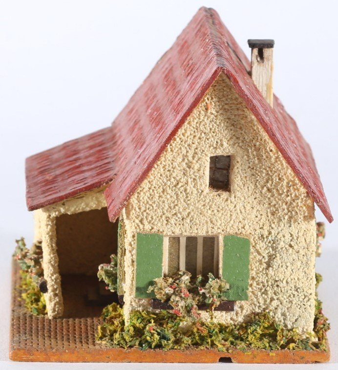 kallistoys auctions auktionen-antique vintage toys-antik historisch spielzeug-faller-germany-wood house-holzhaus-small family home annex-siedlerhaus anbau-gerade briefmarke-rote nummer-braun-252-1i