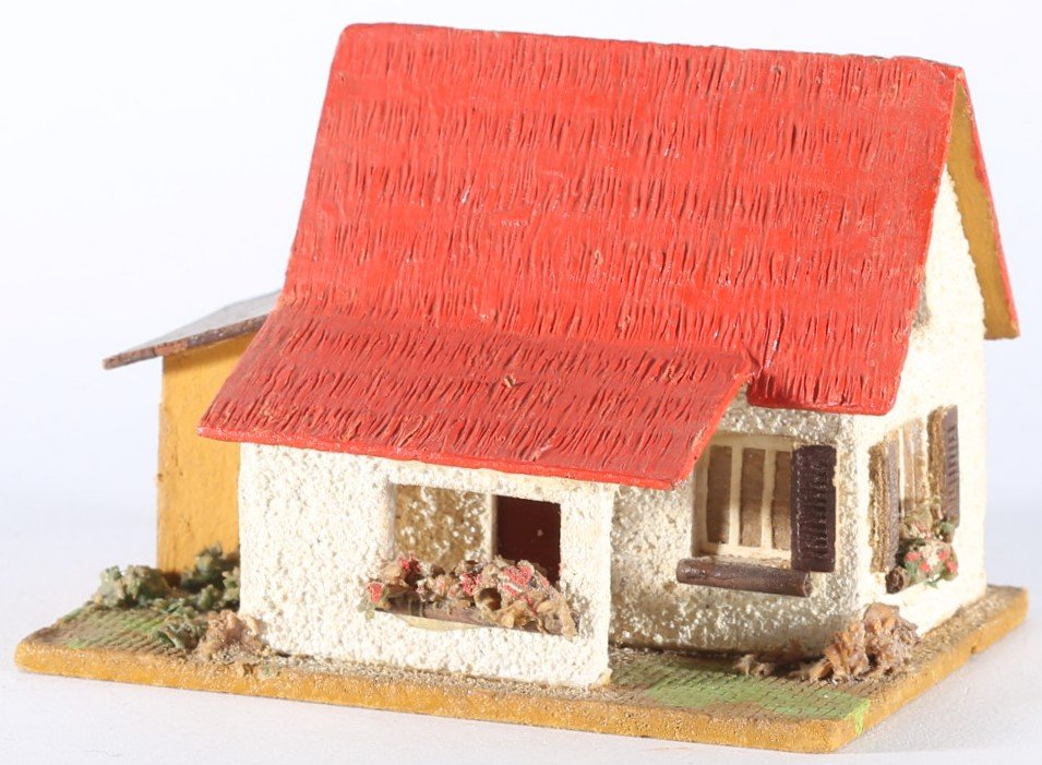 kallistoys auctions auktionen-antique vintage toys-antik historisch spielzeug-faller-germany-wood house-holzhaus-small family home annex-siedlerhaus anbau-gerade briefmarke-rote nummer-dach rot-252-1a