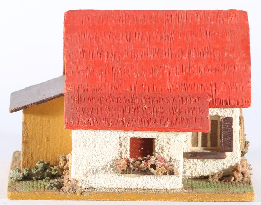 kallistoys auctions auktionen-antique vintage toys-antik historisch spielzeug-faller-germany-wood house-holzhaus-small family home annex-siedlerhaus anbau-gerade briefmarke-rote nummer-dach rot-252-1c