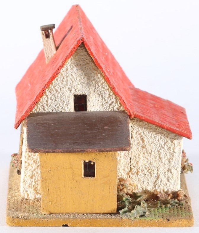 kallistoys auctions auktionen-antique vintage toys-antik historisch spielzeug-faller-germany-wood house-holzhaus-small family home annex-siedlerhaus anbau-gerade briefmarke-rote nummer-dach rot-252-1e