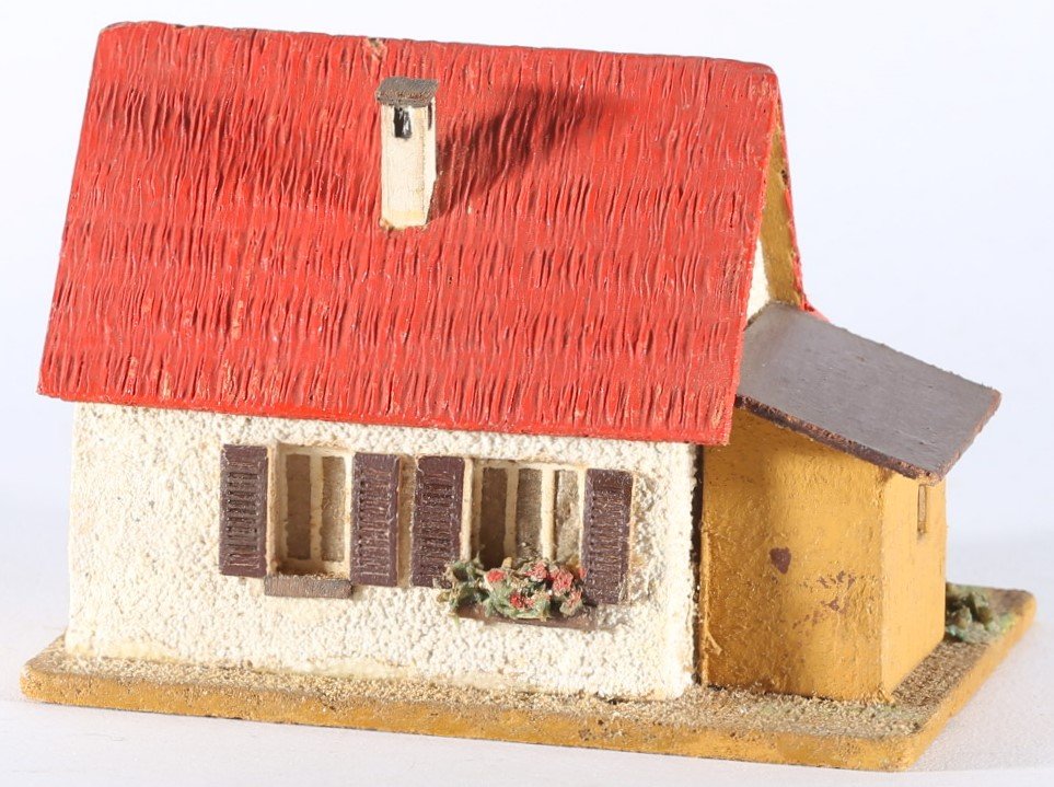 kallistoys auctions auktionen-antique vintage toys-antik historisch spielzeug-faller-germany-wood house-holzhaus-small family home annex-siedlerhaus anbau-gerade briefmarke-rote nummer-dach rot-252-1f