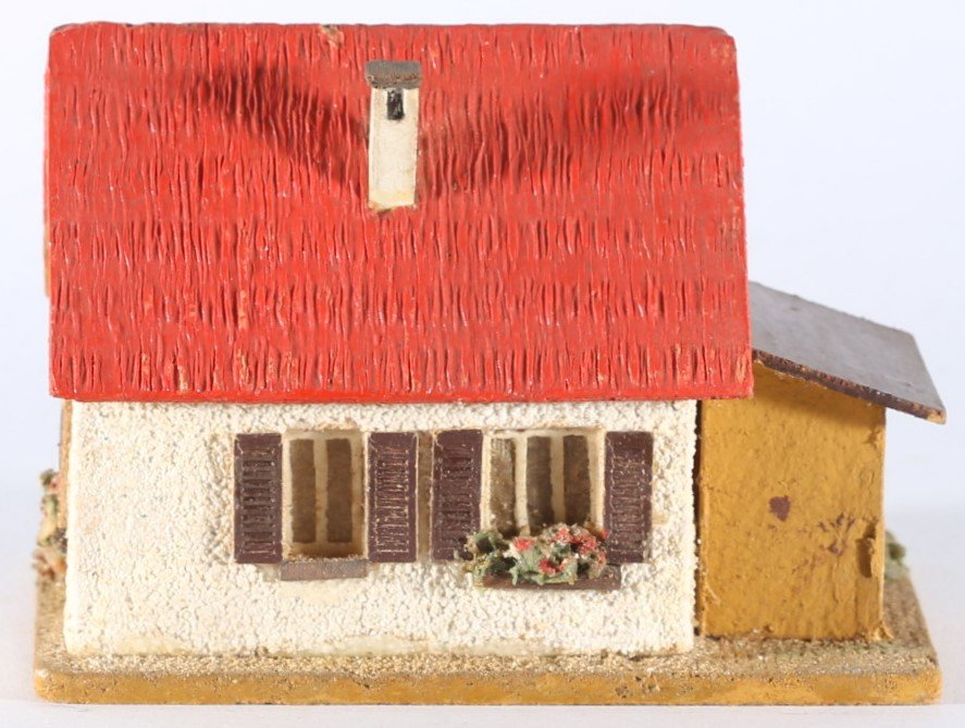 kallistoys auctions auktionen-antique vintage toys-antik historisch spielzeug-faller-germany-wood house-holzhaus-small family home annex-siedlerhaus anbau-gerade briefmarke-rote nummer-dach rot-252-1g