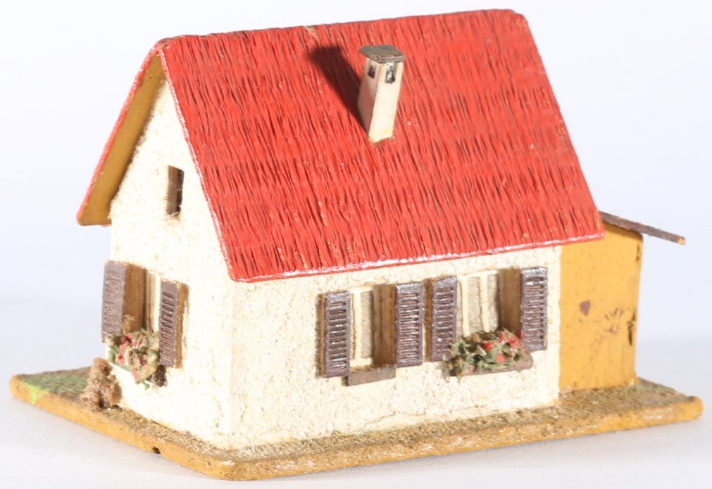 kallistoys auctions auktionen-antique vintage toys-antik historisch spielzeug-faller-germany-wood house-holzhaus-small family home annex-siedlerhaus anbau-gerade briefmarke-rote nummer-dach rot-252-1h