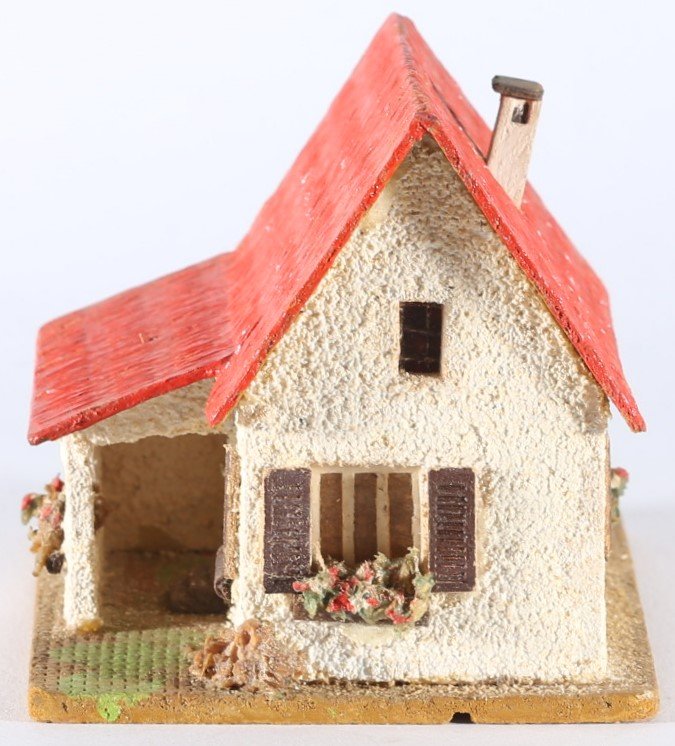 kallistoys auctions auktionen-antique vintage toys-antik historisch spielzeug-faller-germany-wood house-holzhaus-small family home annex-siedlerhaus anbau-gerade briefmarke-rote nummer-dach rot-252-1i