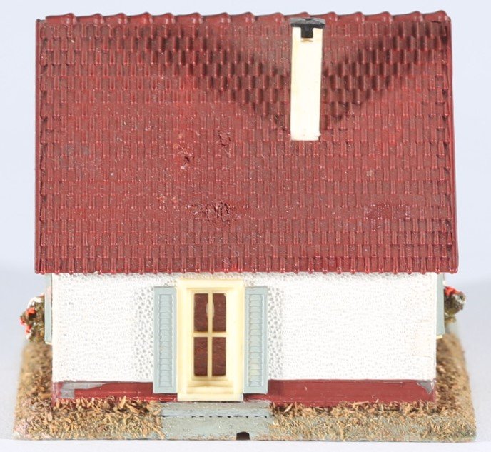 kallistoys auctions auktionen-antique vintage toys-antik historisch spielzeug-faller-germany-wood house-holzhaus-small family home-siedlerhaus mit laube-gezackte briefmarke-braune nummer-202-1g