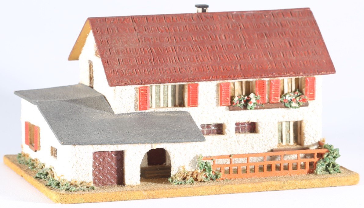 kallistoys auctions auktionen-antique vintage toys-antik historisch spielzeug-faller-germany-wood house-holzhaus-two storey home garage-zweistöckiges wohnhaus-gerade briefmarke-rote nummer-257-1a