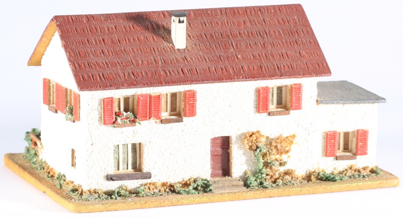 kallistoys auctions auktionen-antique vintage toys-antik historisch spielzeug-faller-germany-wood house-holzhaus-two storey home garage-zweistöckiges wohnhaus-gerade briefmarke-rote nummer-257-1f