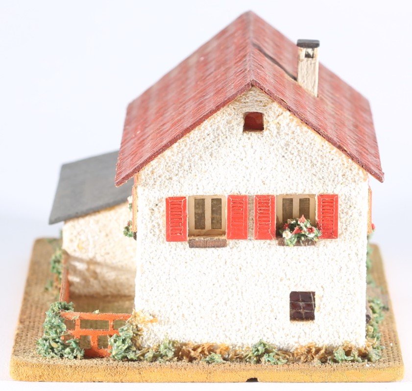 kallistoys auctions auktionen-antique vintage toys-antik historisch spielzeug-faller-germany-wood house-holzhaus-two storey home garage-zweistöckiges wohnhaus-gerade briefmarke-rote nummer-257-1g