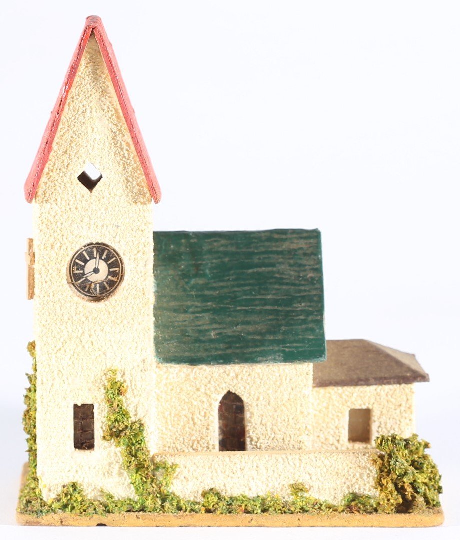 kallistoys auctions auktionen-antique vintage toys-antik historisch spielzeug-faller-germany-wood house-holzhaus-village church-dorfkirche-gezackte briefmarke-rote nummer-235-1c