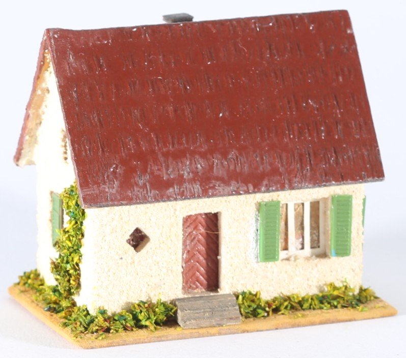 kallistoys auctions auktionen-antique vintage toys-antik historisch spielzeug-faller-germany-wood house-holzhaus-small family home-siedlerhaus-gezackte briefmarke-rote nummer-253-1a