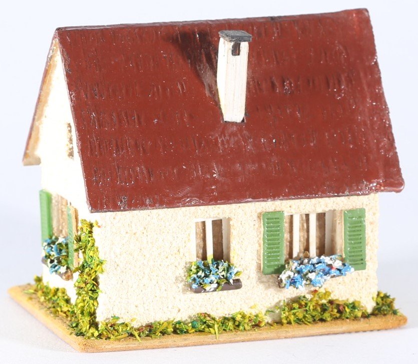 kallistoys auctions auktionen-antique vintage toys-antik historisch spielzeug-faller-germany-wood house-holzhaus-small family home-siedlerhaus-gezackte briefmarke-rote nummer-253-1f