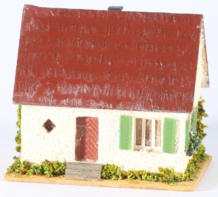 kallistoys auctions auktionen-antique vintage toys-antik historisch spielzeug-faller-germany-wood house-holzhaus-small family home-siedlerhaus-gezackte briefmarke-rote nummer-253-1h
