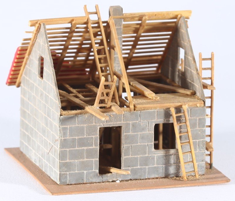 kallistoys auctions auktionen-antique vintage toys-antik historisch spielzeug-faller-germany-wood house-holzhaus-under construction-im bau-stufe i-gerade briefmarke-rote nummer-245-1a