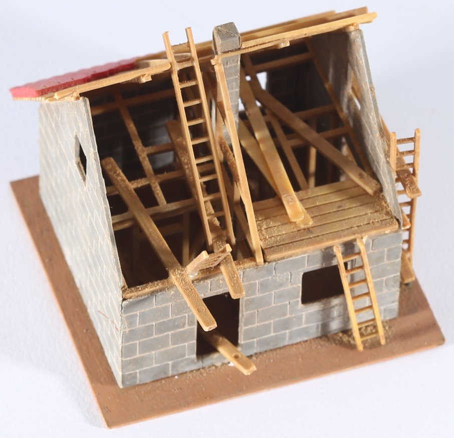 kallistoys auctions auktionen-antique vintage toys-antik historisch spielzeug-faller-germany-wood house-holzhaus-under construction-im bau-stufe i-gerade briefmarke-rote nummer-245-1b
