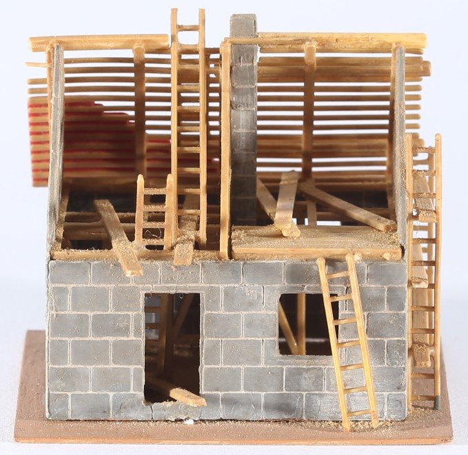kallistoys auctions auktionen-antique vintage toys-antik historisch spielzeug-faller-germany-wood house-holzhaus-under construction-im bau-stufe i-gerade briefmarke-rote nummer-245-1c