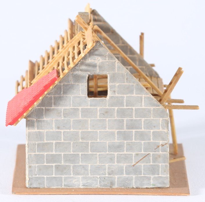 kallistoys auctions auktionen-antique vintage toys-antik historisch spielzeug-faller-germany-wood house-holzhaus-under construction-im bau-stufe i-gerade briefmarke-rote nummer-245-1d