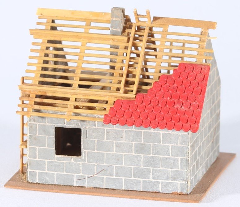 kallistoys auctions auktionen-antique vintage toys-antik historisch spielzeug-faller-germany-wood house-holzhaus-under construction-im bau-stufe i-gerade briefmarke-rote nummer-245-1e