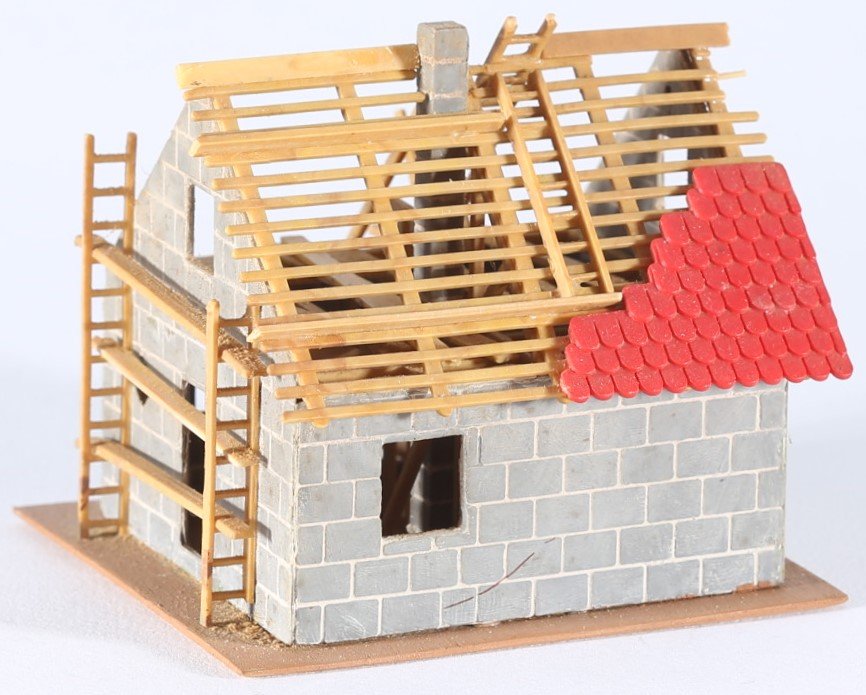 kallistoys auctions auktionen-antique vintage toys-antik historisch spielzeug-faller-germany-wood house-holzhaus-under construction-im bau-stufe i-gerade briefmarke-rote nummer-245-1f