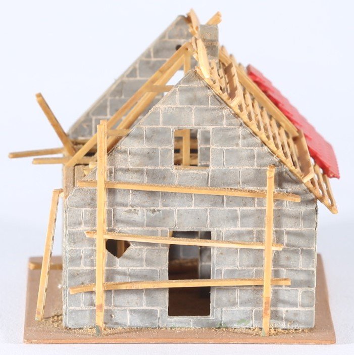 kallistoys auctions auktionen-antique vintage toys-antik historisch spielzeug-faller-germany-wood house-holzhaus-under construction-im bau-stufe i-gerade briefmarke-rote nummer-245-1g