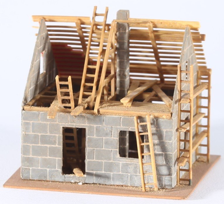 kallistoys auctions auktionen-antique vintage toys-antik historisch spielzeug-faller-germany-wood house-holzhaus-under construction-im bau-stufe i-gerade briefmarke-rote nummer-245-1h