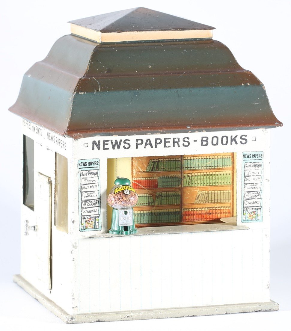 kallistoys auctions auktionen-antique vintage toys-antik historisch spielzeug-märklin-germany-tinplate-blech-railway accessory-eisenbahnzubehör-newsstand-bahnhofskiosk-2619g-1a