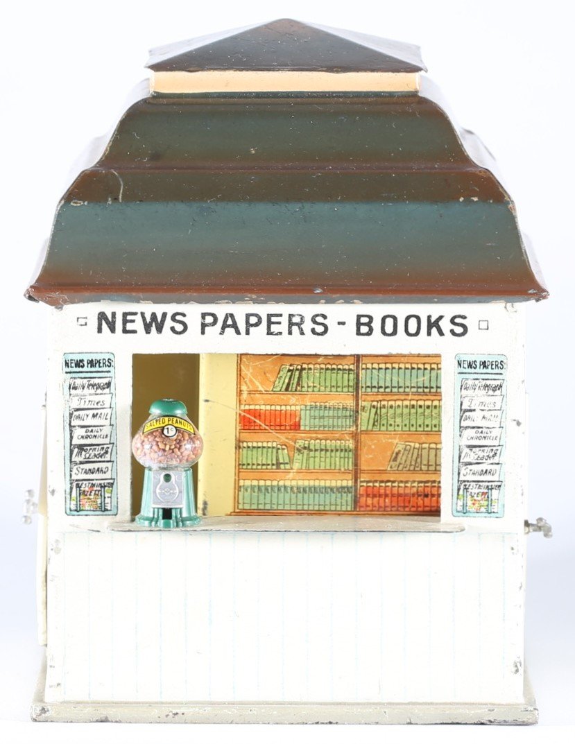 kallistoys auctions auktionen-antique vintage toys-antik historisch spielzeug-märklin-germany-tinplate-blech-railway accessory-eisenbahnzubehör-newsstand-bahnhofskiosk-2619g-1c